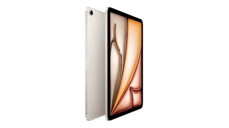 Angled view of the iPad Air in Starlight, highlighting the slim design, large display, and rear camera Angled view of the iPad Air in Starlight, highlighting the slim design, large display, and rear camera