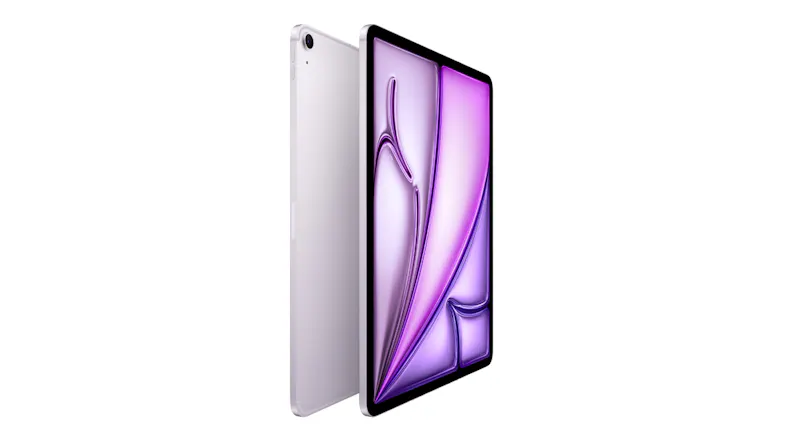Angled view of the Purple iPad Air 2026, highlighting its slim profile and large display Angled view of the Purple iPad Air 2026, highlighting its slim profile and large display