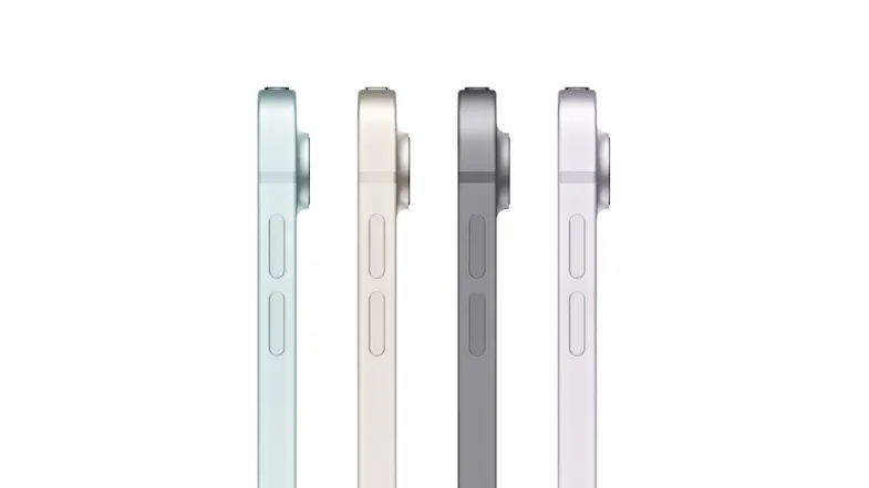 Side profile of four iPad Air units in different colours, including Space Grey, Blue, Starlight, and Purple Side profile of four iPad Air units in different colours, including Space Grey, Blue, Starlight, and Purple