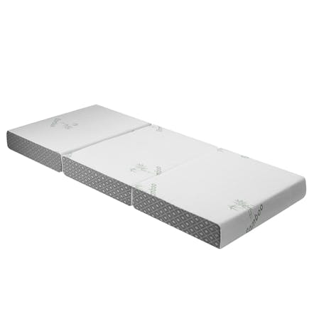 Tri‑fold LUXDREAM memory foam mattress laid flat, featuring a white bamboo cover and grey patterned sides Tri‑fold LUXDREAM memory foam mattress laid flat, featuring a white bamboo cover and grey patterned sides