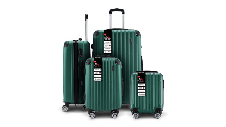 Four green BUON VIAGGIO hard‑shell suitcases in different sizes are displayed together Four green BUON VIAGGIO hard‑shell suitcases in different sizes are displayed together