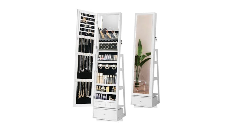 Standing mirror cabinet with the door open, showing organised jewellery, makeup, and accessories Standing mirror cabinet with the door open, showing organised jewellery, makeup, and accessories