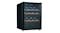 Front angled view of a sleek black Konka 56-bottle Wine Cooler with internal shelves and blue lighting Front angled view of a sleek black Konka 56-bottle Wine Cooler with internal shelves and blue lighting