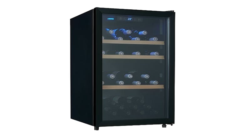 Front angled view of a sleek black Konka 56-bottle Wine Cooler with internal shelves and blue lighting Front angled view of a sleek black Konka 56-bottle Wine Cooler with internal shelves and blue lighting