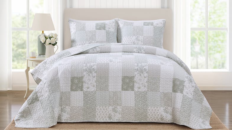 Full view of the Celina Patchwork Natural Queen Coverlet Set in a bright, airy bedroom setting Full view of the Celina Patchwork Natural Queen Coverlet Set in a bright, airy bedroom setting