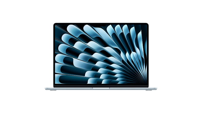 A sky blue 15” MacBook Air open on a desk, displaying a wallpaper on the Liquid Retina screen A sky blue 15” MacBook Air open on a desk, displaying a wallpaper on the Liquid Retina screen