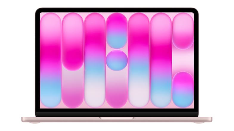 Front view of the 13-inch blush MacBook Neo, showing slim bezels and a colourful, modern macOS wallpaper Front view of the 13-inch blush MacBook Neo, showing slim bezels and a colourful, modern macOS wallpaper