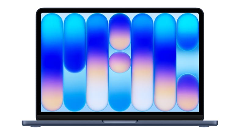 Front view of the 13-inch indigo MacBook Neo, showing slim bezels and a colourful, modern macOS wallpaper Front view of the 13-inch indigo MacBook Neo, showing slim bezels and a colourful, modern macOS wallpaper