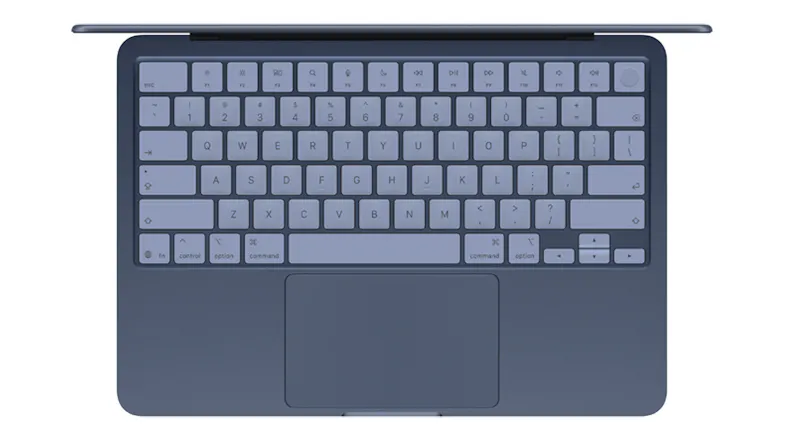 Top-down view of the MacBook Neo keyboard with sleek keys and a large, centered trackpad Top-down view of the MacBook Neo keyboard with sleek keys and a large, centered trackpad