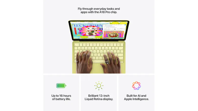 Infographic of the MacBook Neo showing A18 Pro chip, 16-hour battery, Liquid Retina display, and Apple Intelligence Infographic of the MacBook Neo showing A18 Pro chip, 16-hour battery, Liquid Retina display, and Apple Intelligence