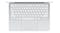 Top-down view of the MacBook Neo keyboard with white keys and a large, centered trackpad Top-down view of the MacBook Neo keyboard with white keys and a large, centered trackpad