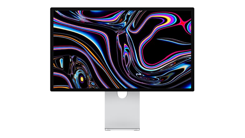 An Apple 27" Studio Display XDR with a vibrant, swirling neon wallpaper An Apple 27" Studio Display XDR with a vibrant, swirling neon wallpaper