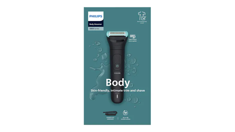 Front view of the blue Philips body groomer retail box Front view of the blue Philips body groomer retail box