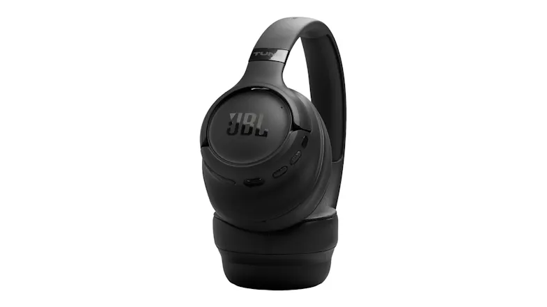 Angled side view of folded headphones highlighting the USB-C port Angled side view of folded headphones highlighting the USB-C port