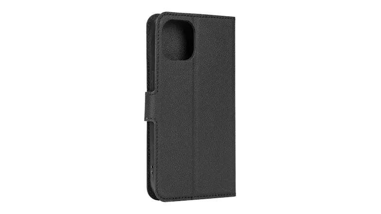 Angled rear view of a leather folio case with a camera opening Angled rear view of a leather folio case with a camera opening