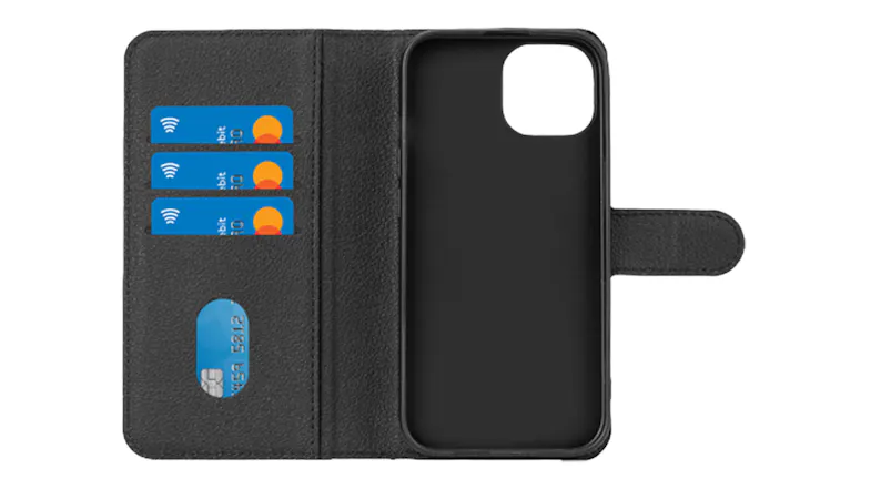 An open folio case showing card slots and a phone holder An open folio case showing card slots and a phone holder