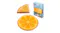 A round orange‑slice pet cooling mat is shown folded, unfolded, and next to its product packaging A round orange‑slice pet cooling mat is shown folded, unfolded, and next to its product packaging