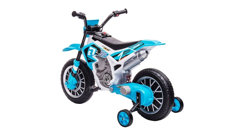 A blue and white kids’ ride‑on dirt bike with training wheels, realistic body design, and large textured tyres A blue and white kids’ ride‑on dirt bike with training wheels, realistic body design, and large textured tyres