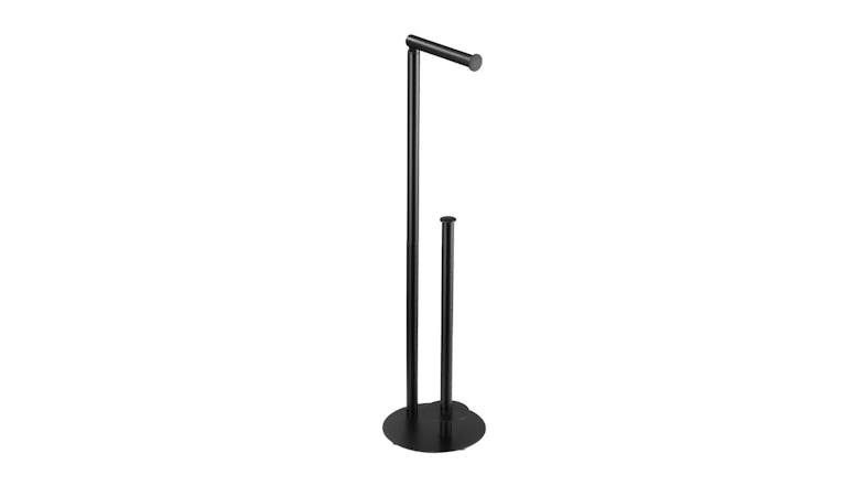 Black freestanding toilet paper holder with an upper bar and tall base for roll storage Black freestanding toilet paper holder with an upper bar and tall base for roll storage
