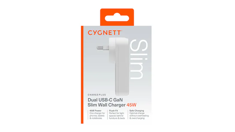 Retail packaging for Cygnett ChargePlus 45W Dual USB-C GaN Slim Wall Charger in white Retail packaging for Cygnett ChargePlus 45W Dual USB-C GaN Slim Wall Charger in white