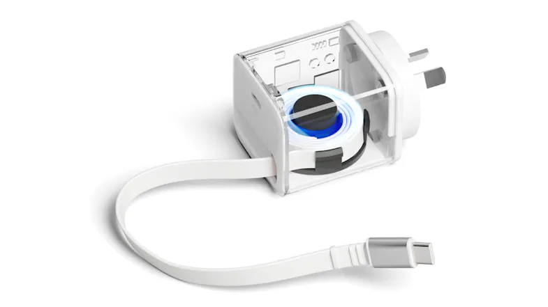 A transparent view of the charger's interior showcasing how its cable is kept inside once retracted A transparent view of the charger's interior showcasing how its cable is kept inside once retracted