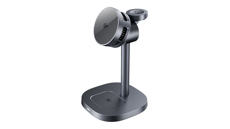 A silver Konic 25W 3-in-1 Magnetic Wireless Charging Station with Qi2 A silver Konic 25W 3-in-1 Magnetic Wireless Charging Station with Qi2