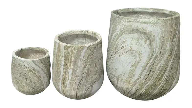 Set of three Bower Jade Marble MGO Planters featuring a natural green marbled finish Set of three Bower Jade Marble MGO Planters featuring a natural green marbled finish