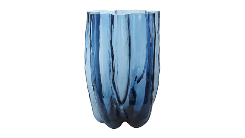 Full view of the 37cm Wave Deep Blue Glass Vase featuring an organic rippled silhouette Full view of the 37cm Wave Deep Blue Glass Vase featuring an organic rippled silhouette