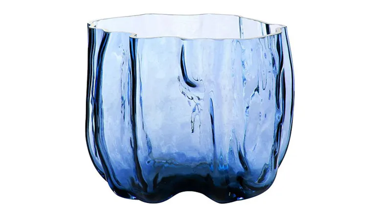 Full view of the 18cm Wave Deep Blue Glass Vase featuring an organic rippled silhouette Full view of the 18cm Wave Deep Blue Glass Vase featuring an organic rippled silhouette