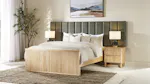 Modern bedroom interior featuring the Akaroa King Upholstered Extended Headboard and natural wood furniture Modern bedroom interior featuring the Akaroa King Upholstered Extended Headboard and natural wood furniture