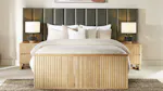 Modern bedroom interior featuring the Akaroa Californian King Upholstered Extended Bed Frame and natural wood furniture Modern bedroom interior featuring the Akaroa Californian King Upholstered Extended Bed Frame and natural wood furniture