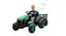 Child driving a green 12V ride‑on tractor with trailer and remote‑control feature Child driving a green 12V ride‑on tractor with trailer and remote‑control feature