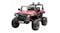 Angled view of red kids’ ride-on jeep showing large off-road wheels and front grill Angled view of red kids’ ride-on jeep showing large off-road wheels and front grill