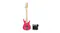 Pink children’s MELODIC Kids electric guitar with a maple neck next to a small black practice amplifier Pink children’s MELODIC Kids electric guitar with a maple neck next to a small black practice amplifier
