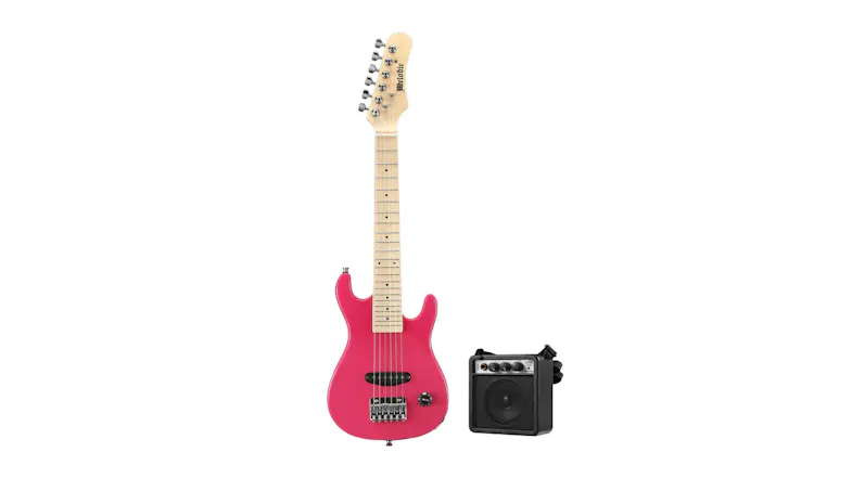 Pink children’s MELODIC Kids electric guitar with a maple neck next to a small black practice amplifier Pink children’s MELODIC Kids electric guitar with a maple neck next to a small black practice amplifier