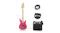 Pink electric guitar with measurements shown beside a small amp and instrument cable Pink electric guitar with measurements shown beside a small amp and instrument cable