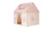 Side view of pink children’s playhouse tent decorated with warm string lights and triangle bunting Side view of pink children’s playhouse tent decorated with warm string lights and triangle bunting