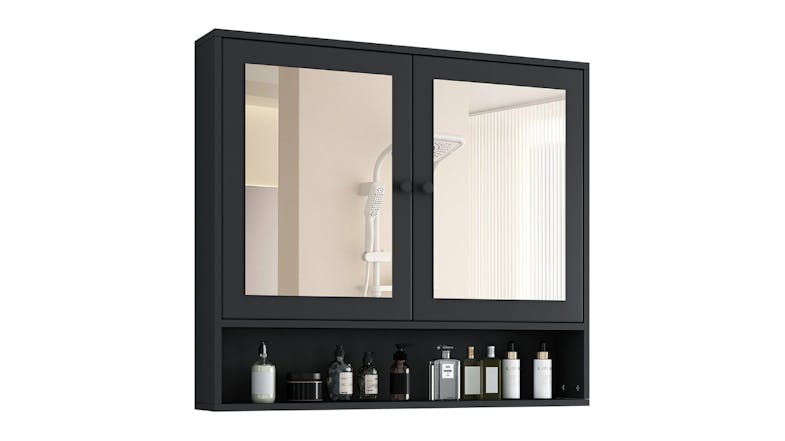 Black Luxsuite wall-mounted cabinet with two mirrored doors and an open shelf holding toiletries Black Luxsuite wall-mounted cabinet with two mirrored doors and an open shelf holding toiletries