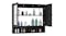 Open black mirrored cabinet displaying shelves filled with bottles and bathroom items Open black mirrored cabinet displaying shelves filled with bottles and bathroom items