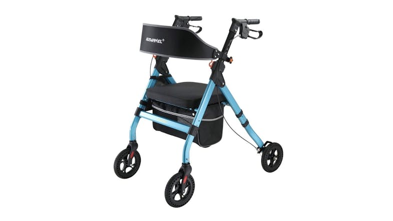 A left-angled view of the Auswheel Four-Wheel Rollator Mobility Aid Light in blue finish A left-angled view of the Auswheel Four-Wheel Rollator Mobility Aid Light in blue finish