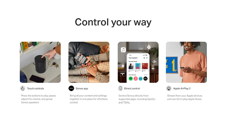 Four icons showing touch, app, direct, and AirPlay control methods Four icons showing touch, app, direct, and AirPlay control methods