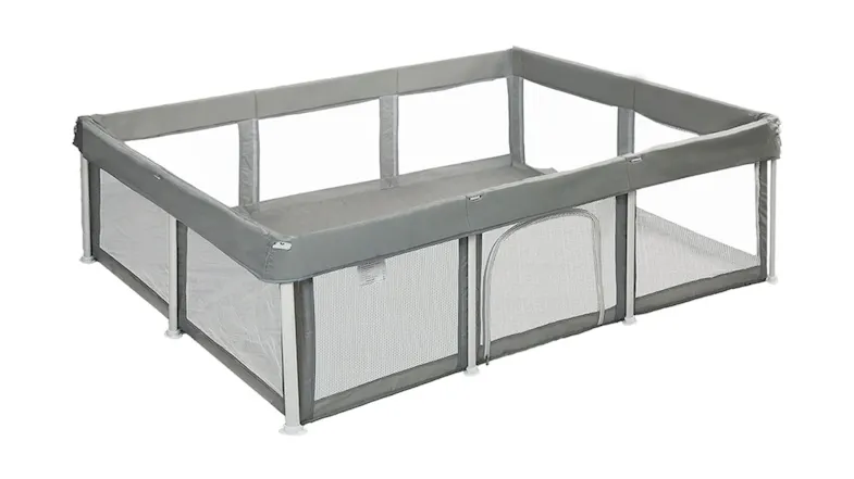 A full view of the Bopeep Pop-Up Compact Mesh Baby Playpen in grey A full view of the Bopeep Pop-Up Compact Mesh Baby Playpen in grey