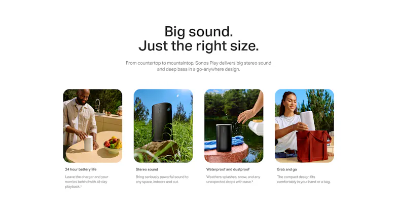 Four panels highlighting the speaker’s 24-hour battery, stereo sound, and portability Four panels highlighting the speaker’s 24-hour battery, stereo sound, and portability