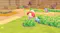 Game scene with a pink-haired character jumping near a green monster in a grassy valley Game scene with a pink-haired character jumping near a green monster in a grassy valley