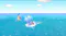 A game scene with two blue-horned creatures is set in vast, sparkling ocean water A game scene with two blue-horned creatures is set in vast, sparkling ocean water