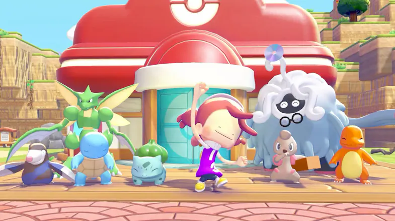 Game scene with a group of diverse monsters posing before a red and white building Game scene with a group of diverse monsters posing before a red and white building