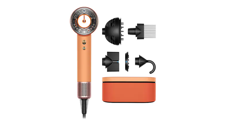 A Dyson Supersonic Nural Intelligent Hair Dryer in ceramic apricot and topaz colour A Dyson Supersonic Nural Intelligent Hair Dryer in ceramic apricot and topaz colour