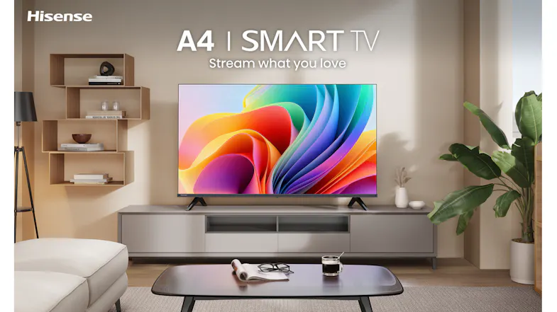 Smart TV on a grey console in a modern, sunlit living room setting Smart TV on a grey console in a modern, sunlit living room setting