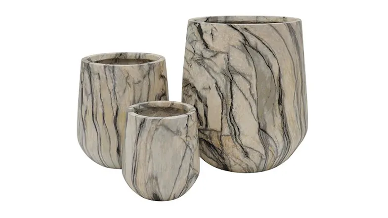 Three tapered Bower planters featuring a sophisticated black and brown marble-effect finish Three tapered Bower planters featuring a sophisticated black and brown marble-effect finish