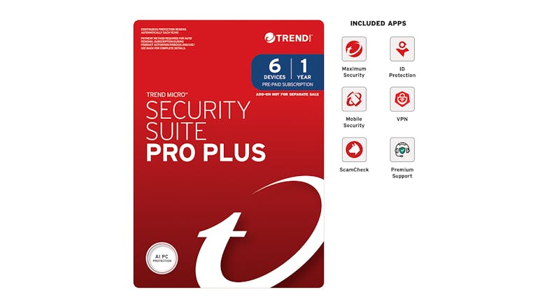 A Trend Micro Security Suite Pro Plus for 6 devices with a 1-year subscription A Trend Micro Security Suite Pro Plus for 6 devices with a 1-year subscription